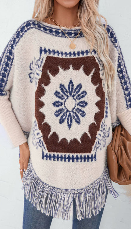 Fringe Geometric Long Sleeve Poncho - New Arrivals