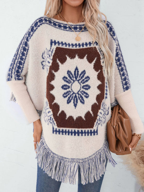 Fringe Geometric Long Sleeve Poncho - New Arrivals