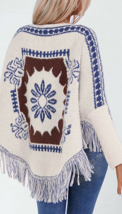 Fringe Geometric Long Sleeve Poncho - New Arrivals