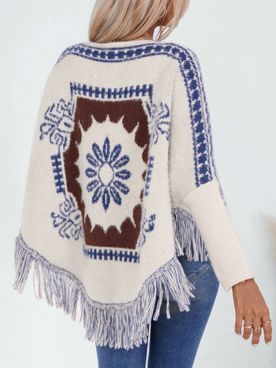 Fringe Geometric Long Sleeve Poncho - New Arrivals