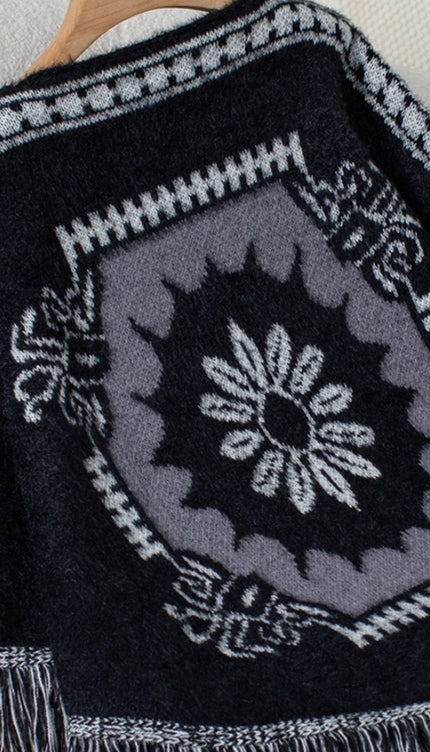 Fringe Geometric Long Sleeve Poncho - New Arrivals