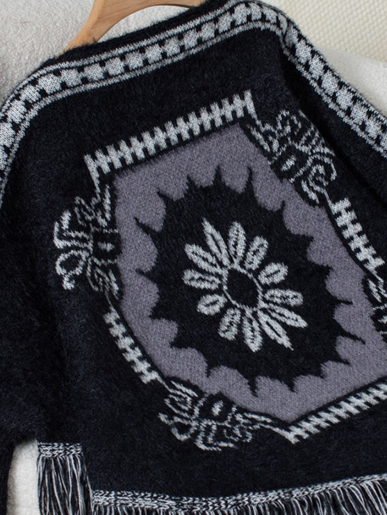 Fringe Geometric Long Sleeve Poncho - New Arrivals