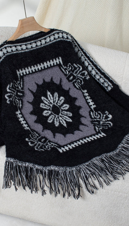 Fringe Geometric Long Sleeve Poncho - New Arrivals