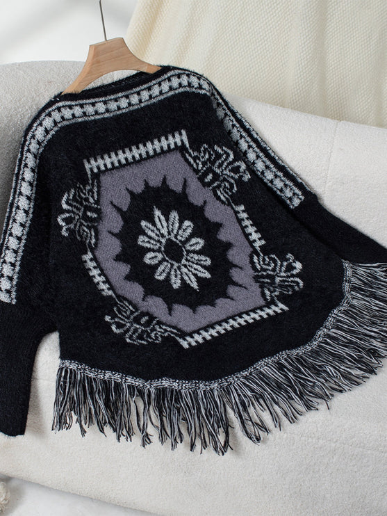 Fringe Geometric Long Sleeve Poncho - New Arrivals