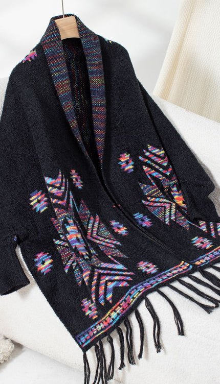 Fringe Geometric Open Front Long Sleeve Cape - Black / One Size