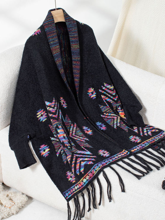 Fringe Geometric Open Front Long Sleeve Cape - Black / One Size