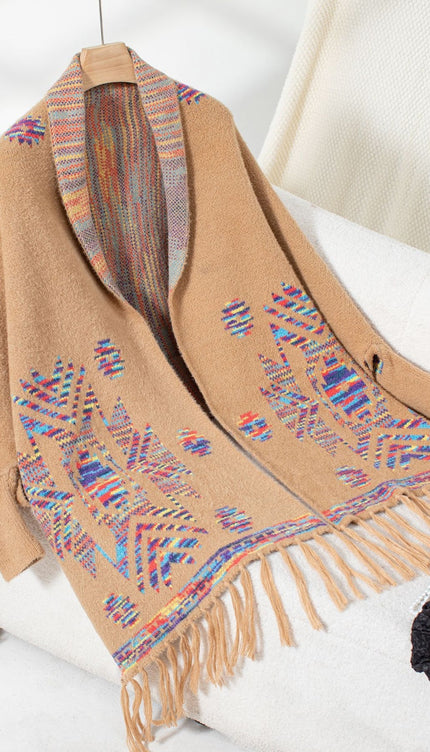 Fringe Geometric Open Front Long Sleeve Cape - Camel / One Size