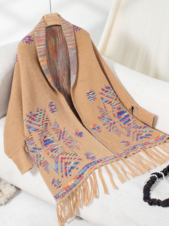 Fringe Geometric Open Front Long Sleeve Cape - Camel / One Size