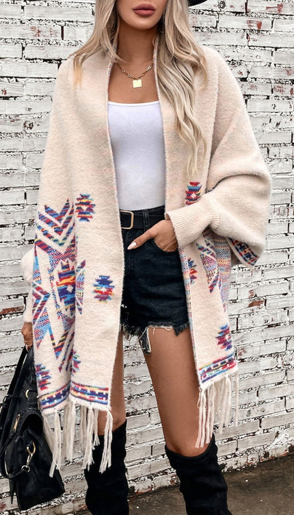 Fringe Geometric Open Front Long Sleeve Cape - Cream / One Size