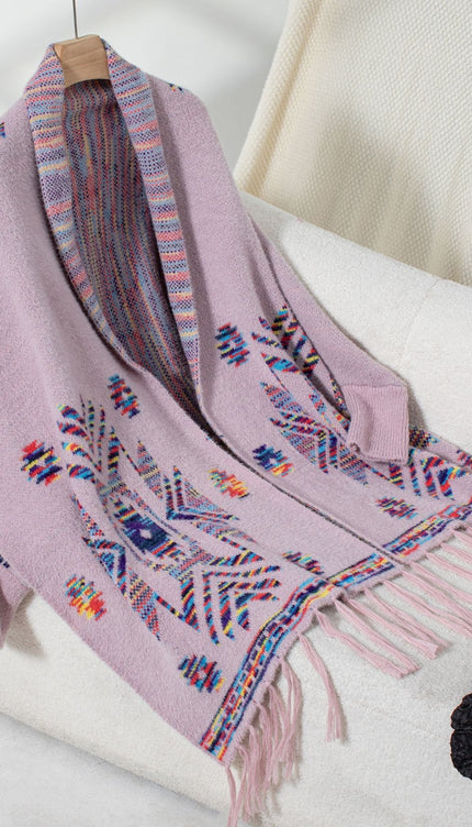 Fringe Geometric Open Front Long Sleeve Cape - Pink Purple / One Size