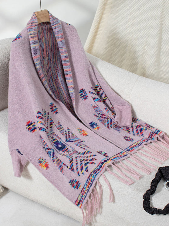 Fringe Geometric Open Front Long Sleeve Cape - Pink Purple / One Size