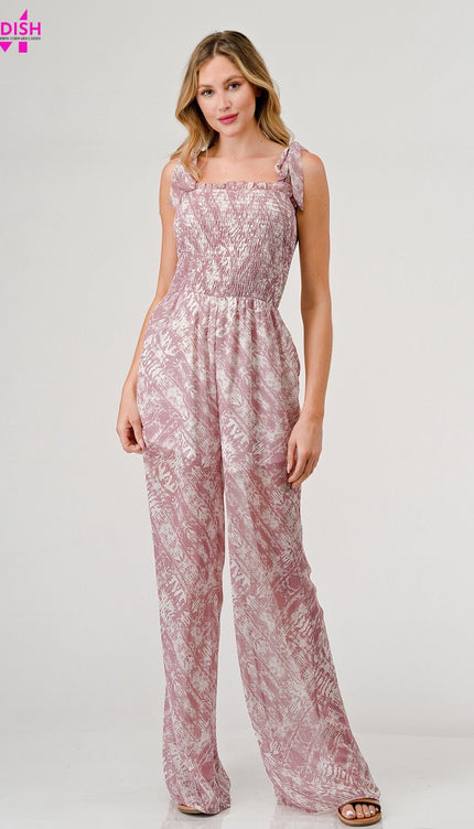 GeeGee Printed Tie Shoulder Wide Leg Jumpsuit-Modish