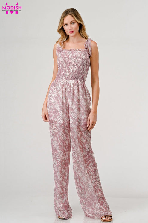 GeeGee Printed Tie Shoulder Wide Leg Jumpsuit-Modish