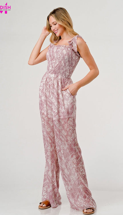 GeeGee Printed Tie Shoulder Wide Leg Jumpsuit-Modish