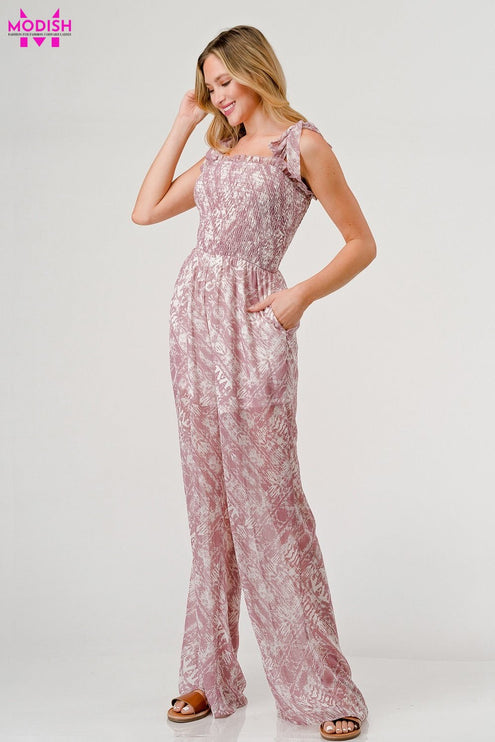 GeeGee Printed Tie Shoulder Wide Leg Jumpsuit-Modish