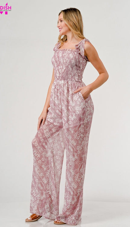 GeeGee Printed Tie Shoulder Wide Leg Jumpsuit-Modish