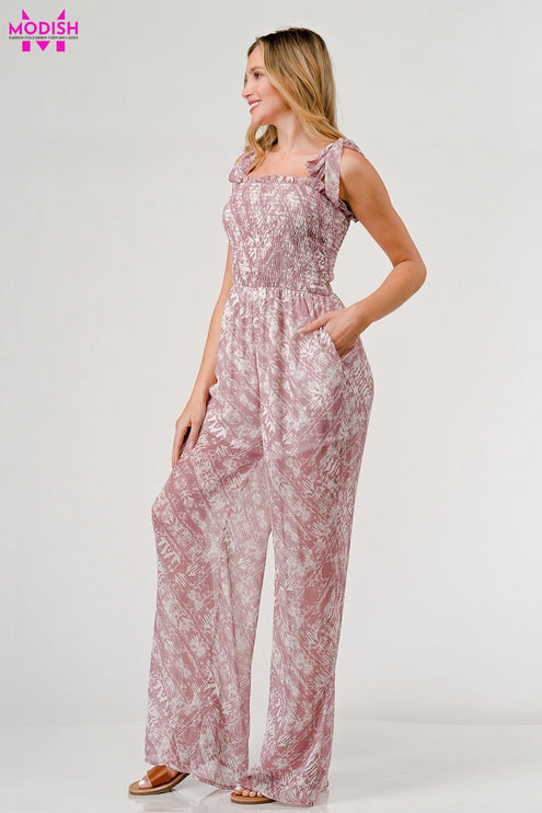 GeeGee Printed Tie Shoulder Wide Leg Jumpsuit-Modish