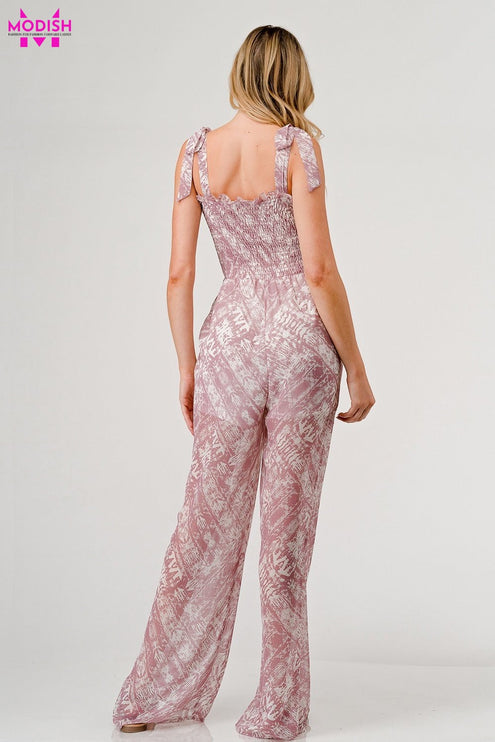 GeeGee Printed Tie Shoulder Wide Leg Jumpsuit-Modish