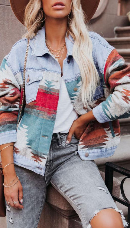 Geometric Button Up Long Sleeve Denim Jacket - Light Blue / S