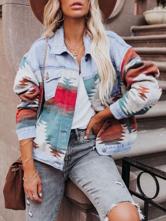 Geometric Button Up Long Sleeve Denim Jacket - Light Blue / S