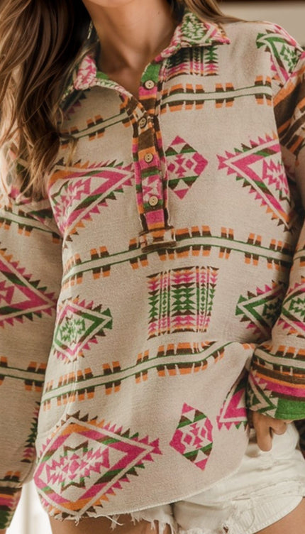 Geometric Half Button Long Sleeve Sweatshirt - Tan / S