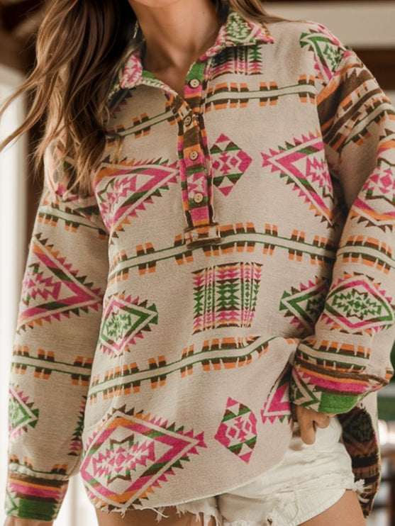 Geometric Half Button Long Sleeve Sweatshirt - Tan / S