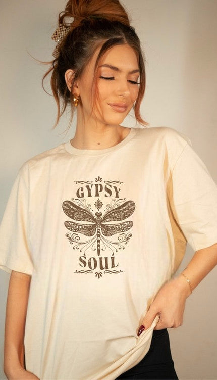Gypsy Soul Dragonfly Graphic Tee - Cream / S