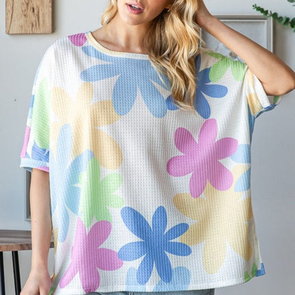 HOPELY Floral Round Neck Waffle T-Shirt - Modish