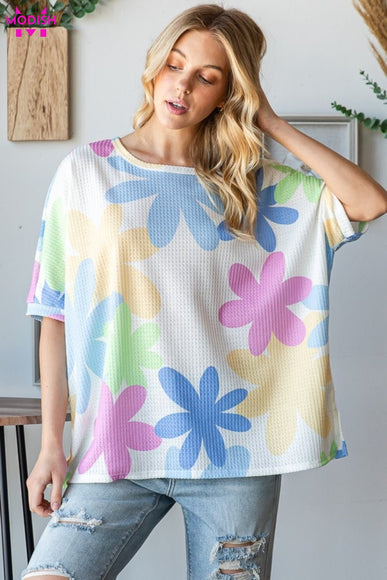 HOPELY Floral Round Neck Waffle T-Shirt - Modish