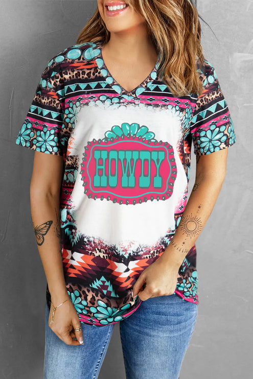 HOWDY V-Neck Short Sleeve T-Shirt - Turquoise / S