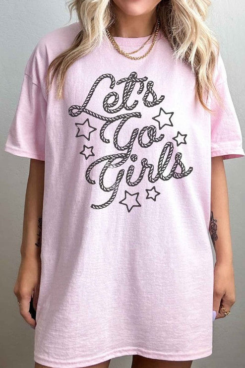 LETS GO GIRL WESTERN COUNTRY OVERSIZED TEE - PINK / S/M