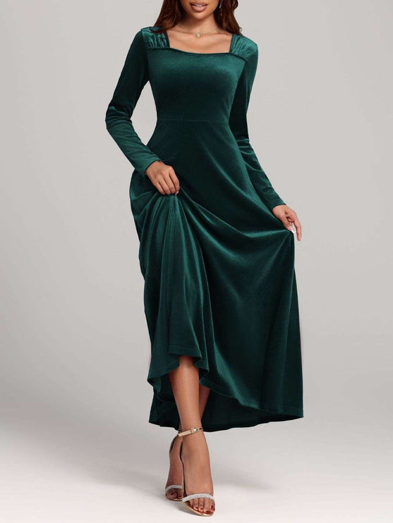 Long Sleeve Velvet Dress - Dark Green / S