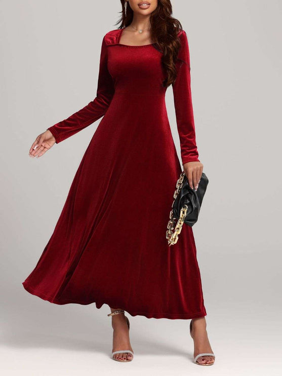 Long Sleeve Velvet Dress - Deep Red / S