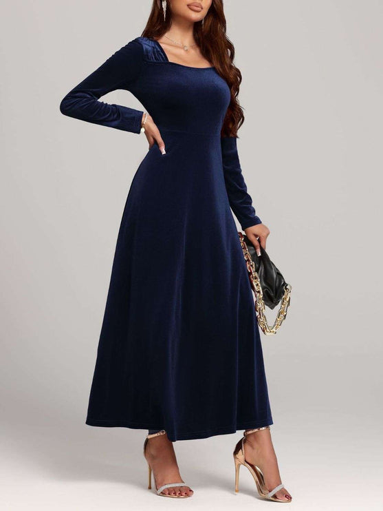 Long Sleeve Velvet Dress - Navy / S