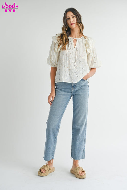 MABLE Eyelet Lace Ruffle Shoulder Puff Sleeve Blouse-Modish