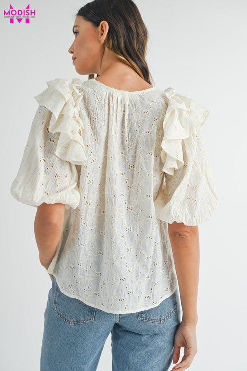 MABLE Eyelet Lace Ruffle Shoulder Puff Sleeve Blouse-Modish