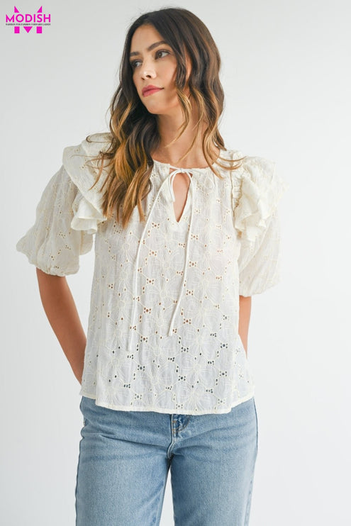 MABLE Eyelet Lace Ruffle Shoulder Puff Sleeve Blouse-Modish