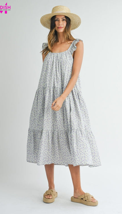 MABLE Floral Ruffle Shoulder Tiered Midi Dress-Modish