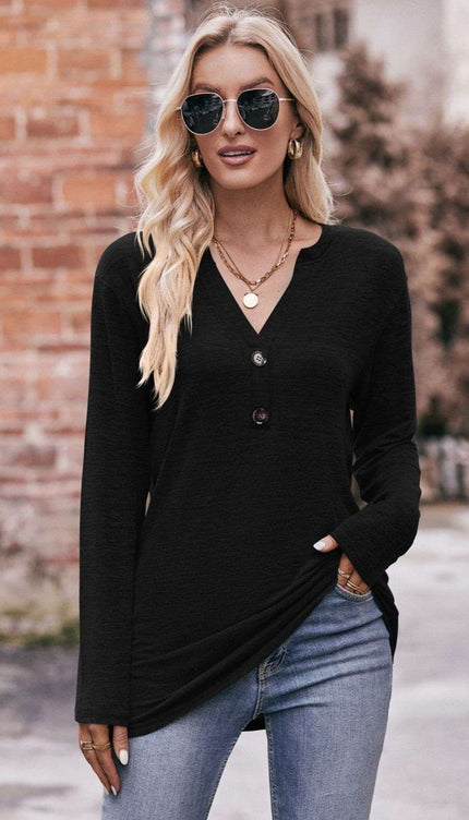 Mandy Notched Neck Long Sleeve Top - Black / S