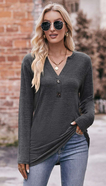 Mandy Notched Neck Long Sleeve Top - Dark Gray / S
