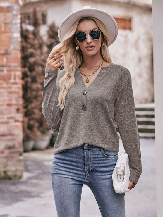 Mandy Notched Neck Long Sleeve Top - Khaki / S