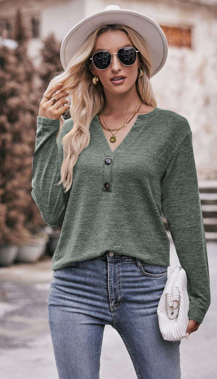 Mandy Notched Neck Long Sleeve Top - Matcha Green / S