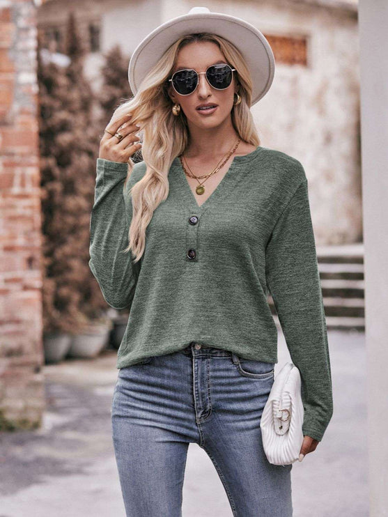 Mandy Notched Neck Long Sleeve Top - Matcha Green / S