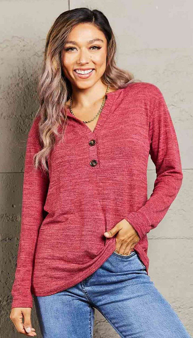 Mandy Notched Neck Long Sleeve Top - Rust / S