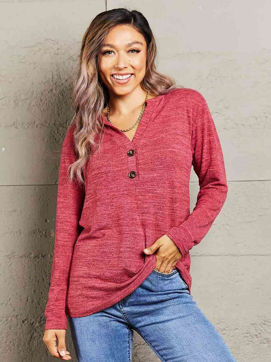 Mandy Notched Neck Long Sleeve Top - Rust / S