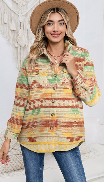 Modish Geometric Button Down Jacket - Chartreuse / S