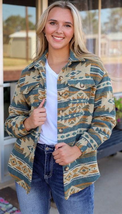Modish Geometric Button Down Jacket - Dusty Blue / S