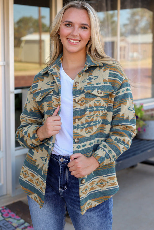 Modish Geometric Button Down Jacket - Dusty Blue / S