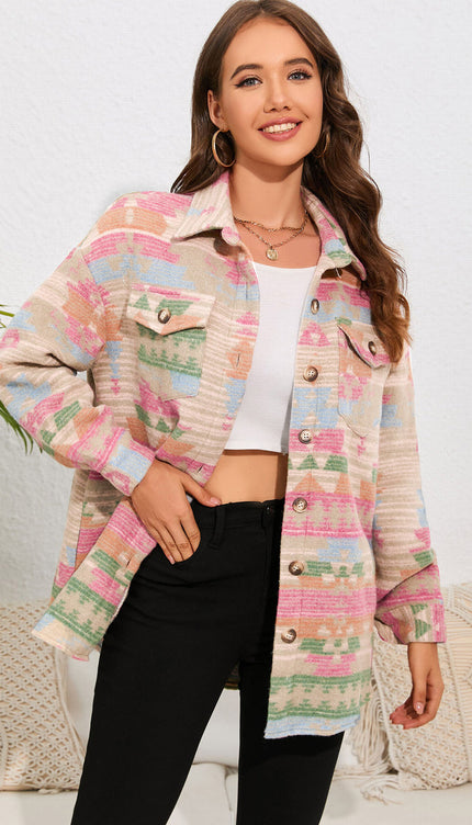 Modish Geometric Button Down Jacket - Dusty Pink / S
