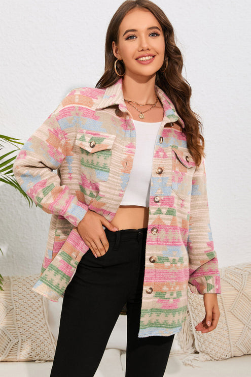 Modish Geometric Button Down Jacket - Dusty Pink / S
